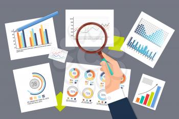 Infographics and schemes researching analysis vector. Businessman using magnifying glass, statistics organization, in flowcharts, pie diagrams on pages