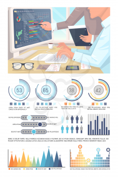 Infographics, analyzed data by office workers pointing to presentation vector. Visual information, pie diagrams and schemes with numeric info data