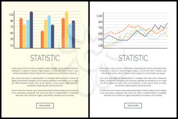 Statistic web pages with text sample, infographics vector. Layout of visualized information, business data in comparison. Schemes and flowcharts plan