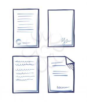Paperwork documents line art icons in sketch style. Commercial documents with stamps, signatures and text samples. Signed contracts or agreements templates
