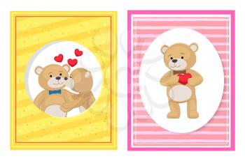 I love you and me teddy bears with heart sign vector illustration of stuffed toy animals, presents for Happy Valentines Day, cartoon posters set.