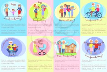 Happy grandparents day poster with senior couple riding on bike and having fun with grown up children, taking care about kids vector illustrations set