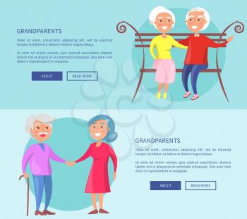 Grandparents posters with mature couple sitting on bench together, old husband and wife hugging each other vector illustration isolated on blue