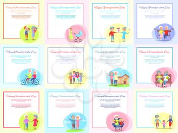 Happy grandparents day posters set with happy senior couple doing daily activities together. Vector illustration of grandma and grandpa with text