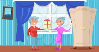 Happy grandparents day poster with senior couple giving presents to each other, man with gift box and woman holding flower vector in cosy home interior