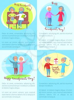 Happy grandparents day poster with senior couple giving presents to each other, doing daily activities and walking together set of vector illustrations