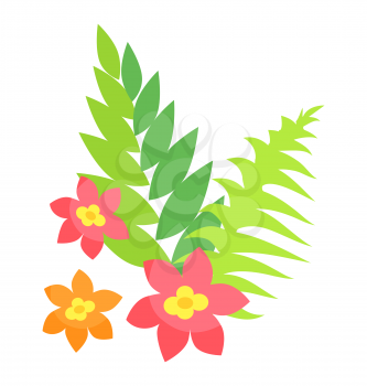 Colorful exotic green foliage and flowers with yellow middle vector illustrations isolated on white. Tropical plants editable element for your design