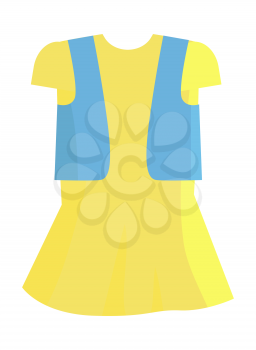 Simple and minimalistic vector template depicting girly light yellow summer dress with light-blue denim jacket on it isolated on white background.
