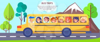 Yellow school bus full of small students moving on rod near high mountains and green trees vector colorful illustration in graphic design.