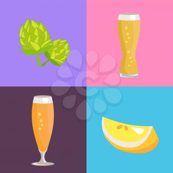 Four beer symbol pictures vector illustration on pink, light-blue and light-purple backgrounds showing green hob, lemon and two glasses of drinks