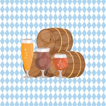 Vector illustration of three beer barrels and glasses of alcohol drinks different types for degustation at october festival on checkered background