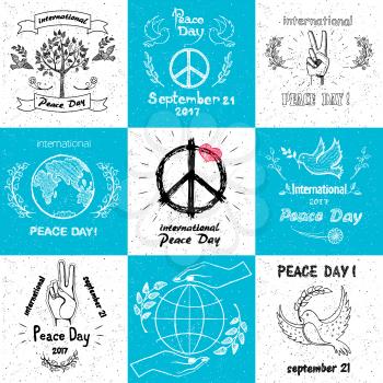 International peace day september 21 set of vector illustrations with doves, tree, hand gesturing peaceful sign, hands caring earth vector illustrations