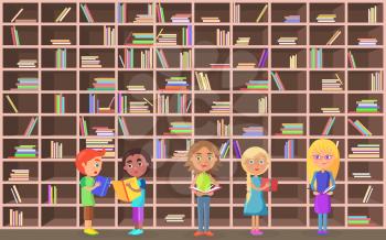 Five schoolchildren holds literature on library background vector illustration. Brown shelves with color books in big bookcase