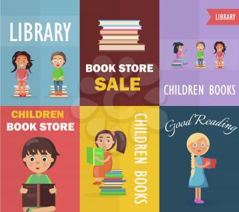 Bookstore sale and children library with small readers holding color textbooks vector illustration concept of six posters.