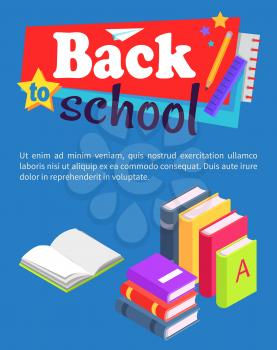 Back to school poster with pile of books standing in row and lying one on another vector. Colorful textbooks in hardcover, encyclopedia materials