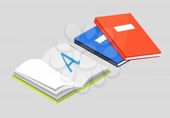 Open book with blank paper and letter A, textbooks with place for text vector illustrations isolated. Copybooks on grammar for elementary education lessons