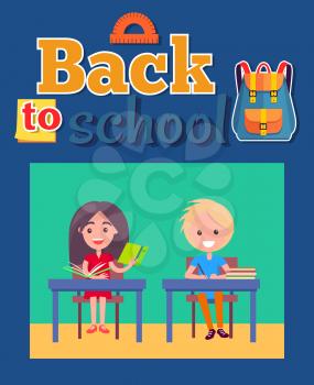 Back to school poster with inscription and schoolbag, protractor above text. Vector illustration of boy and girl sitting at desks during lessons