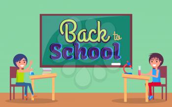 Back to school poster with inscription written on blackboard and classroom with kids schoolboy and schoolgirl at desks vector illustration
