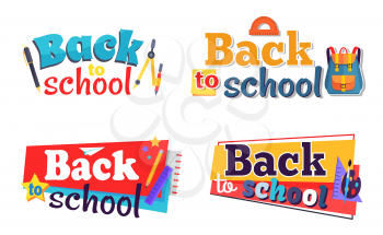 Back to school stickers set with stationery objects as plastic ruler, brown pencil, notebook, colorful stars vector illustrations isolated on white