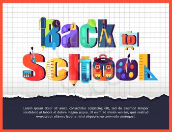 Back to school poster with inscription made of stationery objects, chemical flasks, paint brushes pens and pencils vector on checkered background