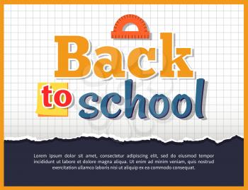 Back to school poster with stationery object wooden protractor above inscription vector illustration isolated on checkered background