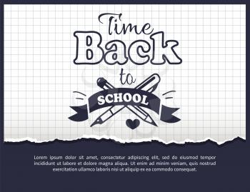 Back to school time black-and-white sticker with inscription. Vector illustration of crossed fountain pen and graphite pencil on checkered background