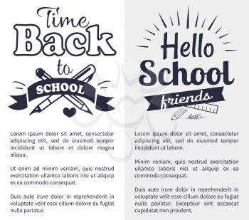 Hello back to school time black-and-white sticker with inscription. Vector illustration of crossed fountain pen and graphite pencil with text