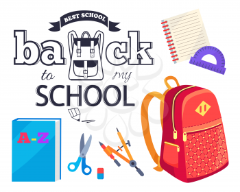 Back to my school black and white cartoon style sticker with inscription. Vector of backpack along with graphite pencil, brush with paints, red bag