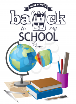 Back to school sticker with black-and-white text and miscellaneous educational supplies .Vector illustration isolated on white background