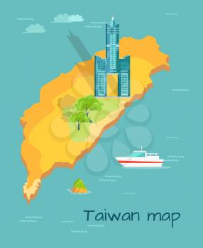 Cartoon Taiwan map with Tuntex Sky Tower, green trees and small boat. Chinese island in Pacific Ocean vector illustration. Oriental country exploration trip. World famous skyscraper marked on map.