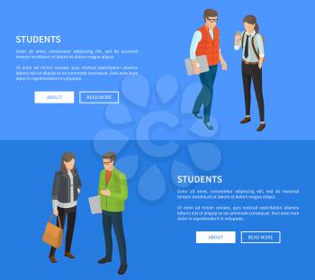 Students cartoon characters web posters vector illustrations with text on blue. College pupils during breaks in modern apparels, faceless people