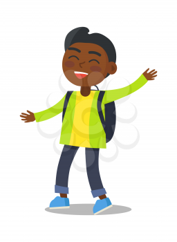 Smiling indian kid in green jacket and jeans with blue rucksack vector illustration isolated on white. Happy child with wide smile cartoon character in flat style