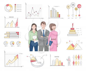 Workers character, set of drawing chart and diagram, graphs report in flat style, closeup view of cartoon man and woman, statistic report vector