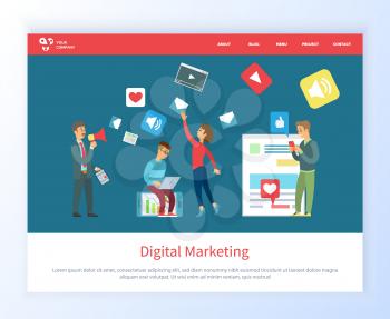 Digital marketing, social network icon, like and play, audio and board template. Man and woman using laptop and phone, communication online vector. Website or webpage template, landing page flat style