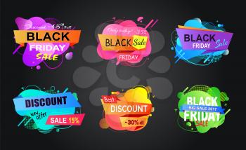 Special promotion vector, isolated banners set in flat style, stickers with reduced price and abstract design, black friday sale, offers of market