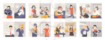People with mobile phones vector, man at work having conversation, woman cooking, teenager and granny knitting, worker and granddad with chess game