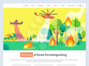 Methods of forest fire extinguishing vector, helicopters and flames in wood, trees and flora in dangerous condition, people fighting disaster. Website or webpage template, landing page flat style