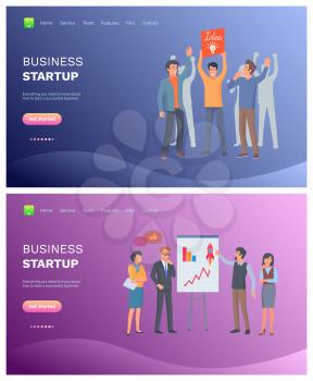 Business startup vector, successful cheerful teamwork with innovative idea, presentation with rocket and infographics charts and schemes . Website or webpage template, landing page flat style