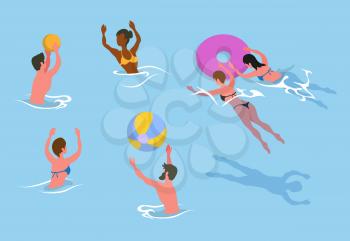 Man and woman holding inflatable ball vector, people in pool flat style. Person swimming underwater, summertime vacation and relaxation of tourists