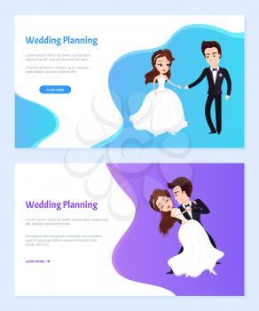 Wedding planning vector, newlywed couple dancing at first time, tradition and ceremony of bride and groom performance. Loving people dance. Website or webpage template, landing page flat style
