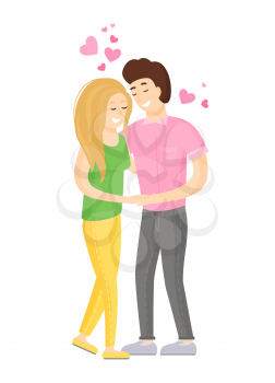 Sweet smiling couple hugging, young lovers embracing each other, hearts over them, boy and girl in love vector illustration isolated on white