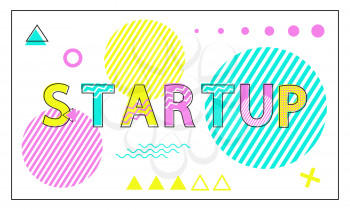 Startup poster with geometric figures in linear style. Abstract dots, colorful circles and triangles, plus signs, waves and lines patterns, vector