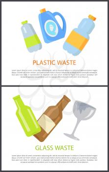Plastic and glass waste set of colorful banners isolated on white images of different containers for liquids and bottles for beverages, text sample