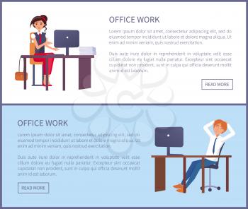 Office work web posters set with man resting at workplace and woman typing on computer, vector workers sitting on chair at table, banners text sample