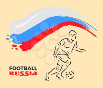 Football player leading soccer ball sketch style illustration. Hand drawn depiction on creamy background with white-blue-red brush stroke and text.