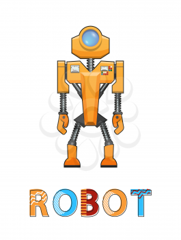 Robot new technology in creating artificial organisms. Poster with headline and designed humanoid. Machine with screen on head vector illustration
