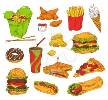 Fast food and snack set color vector illustration isolated chips ice cream fried potatoes and chicken, hamburger and sandwich with donut and pizza