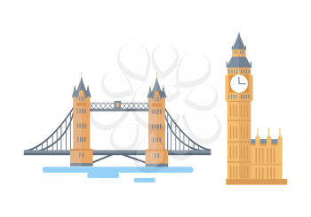 Tower Bridge and Big Ben London attractions famous in world, tourist destinations for visitors of United Kingdom capital set, vector illustration