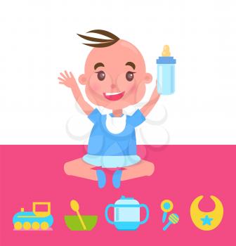 Joyful kid with bottle sitting on pink carpet, vector illustration with small boy in cute blue suit, toy train and rattles, bowl with spoon and bib