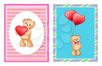 Adorable bears with helium balloons in heart shape cartoon vector illustrations on Valentines day festive postcards with pink and blue backgrounds.
